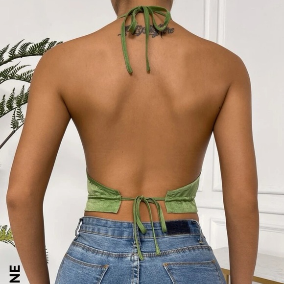 Green satin open back halter top - Picture 2 of 5